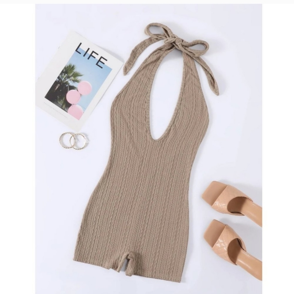 SHEIN Unity Tie Backless Halter Unitard Romper in Khaki Size S NWOT